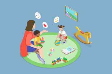 3D Isometric Flat Vector Illustration of Family Nanny, Babysitting and Daycare