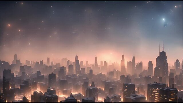 futuristic city skyline viewed from above - vibrant sunset hues - fantasy sci-fi space opera city skyline - AI Generated Video
