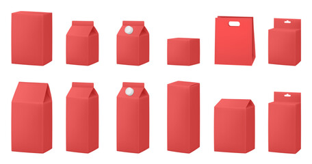 Red boxes for dairy products. Blank cardboard package boxes mockup. Box set. Set of juice or milk cardboard package. Vector mockup set. Realistic carton package with cap. Hanging hole. Shopping bag
