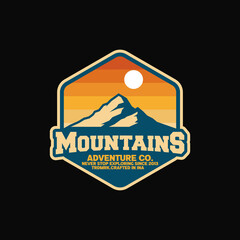 vintage retro classic of sun sunrise sunset island mountain hills peaks rocky ice top mount landscape nature view silhouette with hexagon shield isolated on black background logo design inspiration