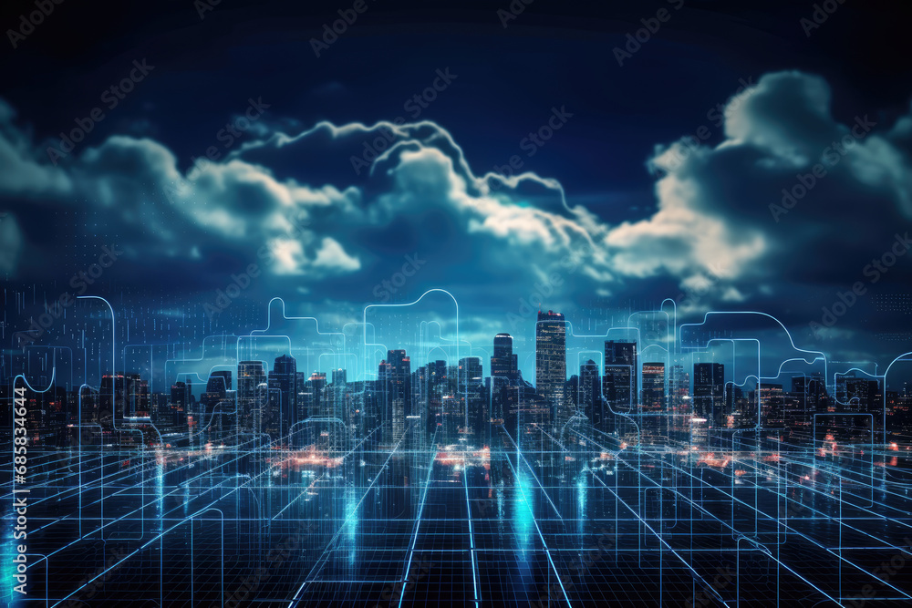 Poster lightning over the city technology background of cloud and edge computing