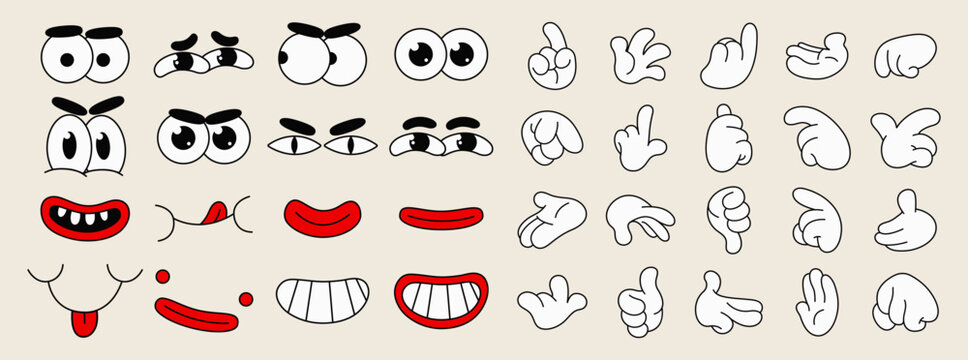 Set of 70s groovy comic faces vector. Collection of cartoon character faces, hand in different emotions happy, angry, sad, cheerful. Cute retro groovy hippie illustration for decorative, sticker