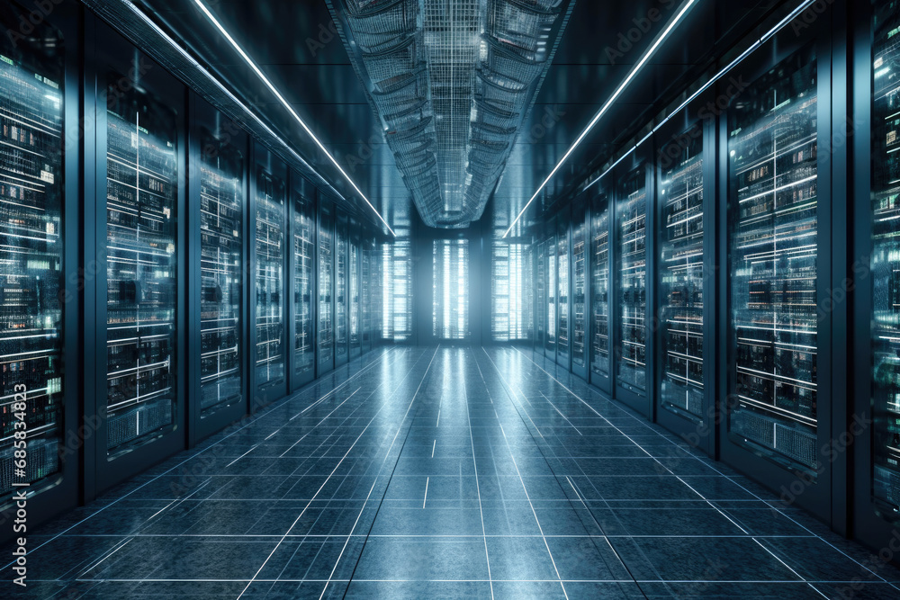 Aufkleber server room in a warehouse technology background of data processing with server room
