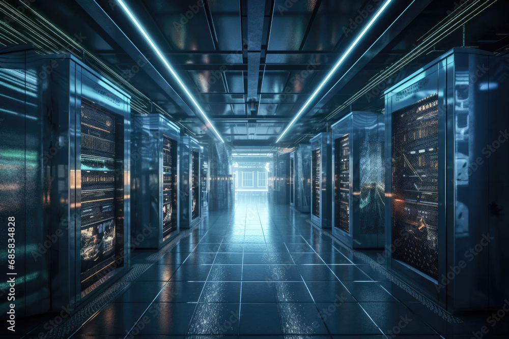 Poster technology background of data processing with server room