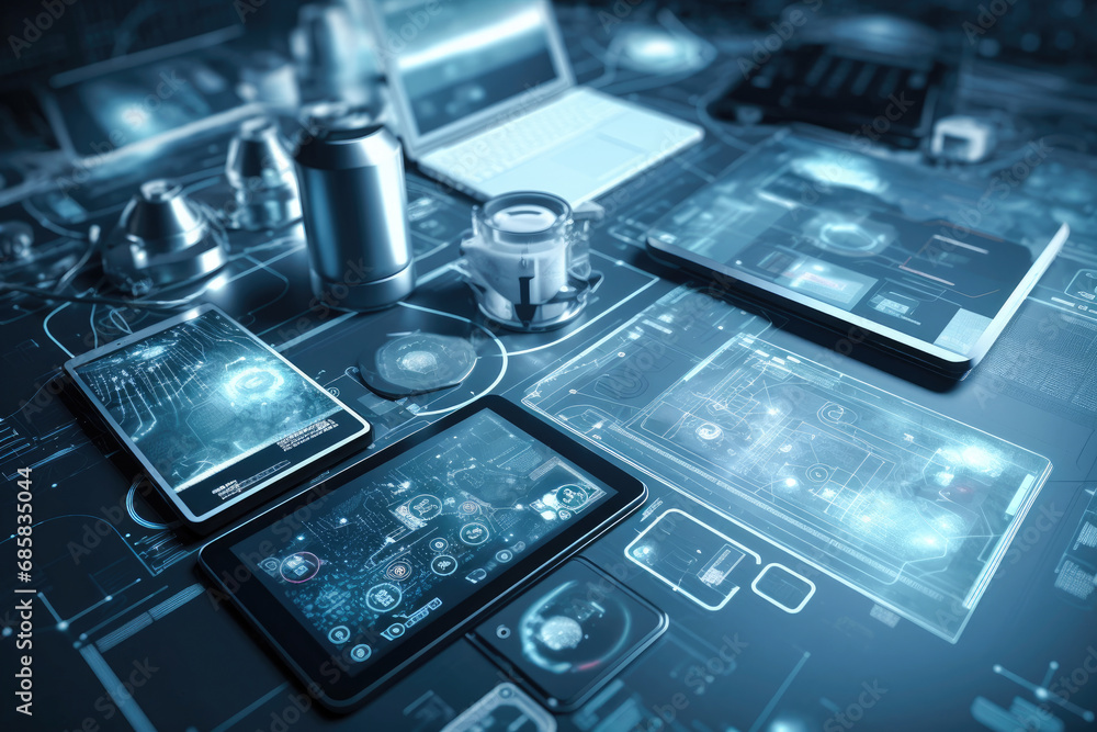 Poster components technology background of medical network with digital devices