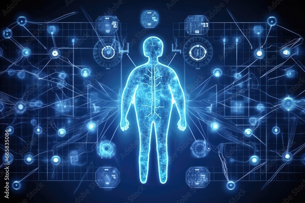 Poster body with code technology background of medical network with digital devices