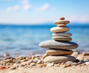 Fototapeta na wymiar Stone pyramid. Pebbles balance pile, harmony zen stones, balance stack, sea pebble pyramid on shoreline, relaxation