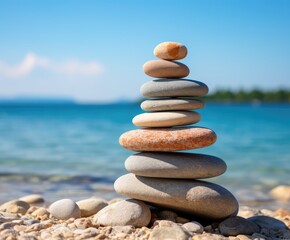 Obraz na płótnie Canvas Stone pyramid. Pebbles balance pile, harmony zen stones, balance stack, sea pebble pyramid on shoreline, relaxation