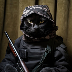 Military Cat, Partisan, Terrorist, Scout, Very Severe Cat Prepared for War in a Military Uniform