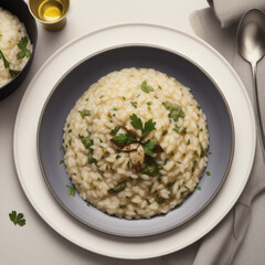 Risotto dish, glass of olive oil on a table with a cloth, Italian cuisine, food, for restaurant menu, cafe