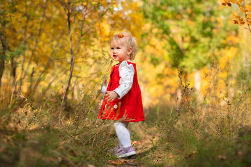 The sweetest child toddler girl in a red dress in the autumn forest. Happy childrens day. Active outdoor games, fun and happy concept of carefree childhood