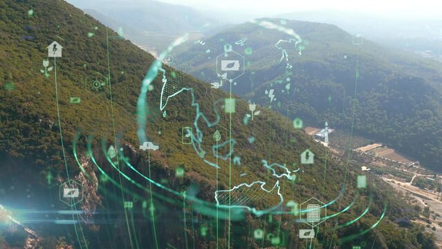 Green forest aerial view and environmental technology concept. Green tech. Ecology. Green transformation. GX. SDGs. High quality 4k footage