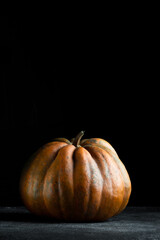 Fresh pumpkin on a dark background. Textured orange pumpkin. Autumn harvest. Ingredient for pumpkin pie.