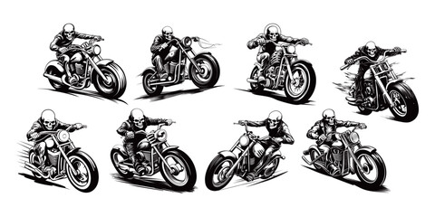 set of black and white motorbike silhouette - obrazy, fototapety, plakaty