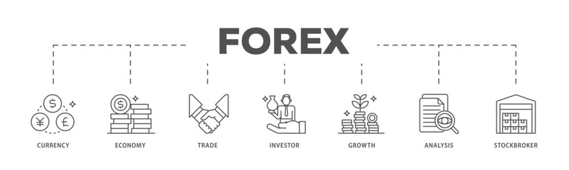 Forex infographic icon flow process which consists of currency, economy, trade, investor, growth, analysis and stockbroker icon live stroke and easy to edit 