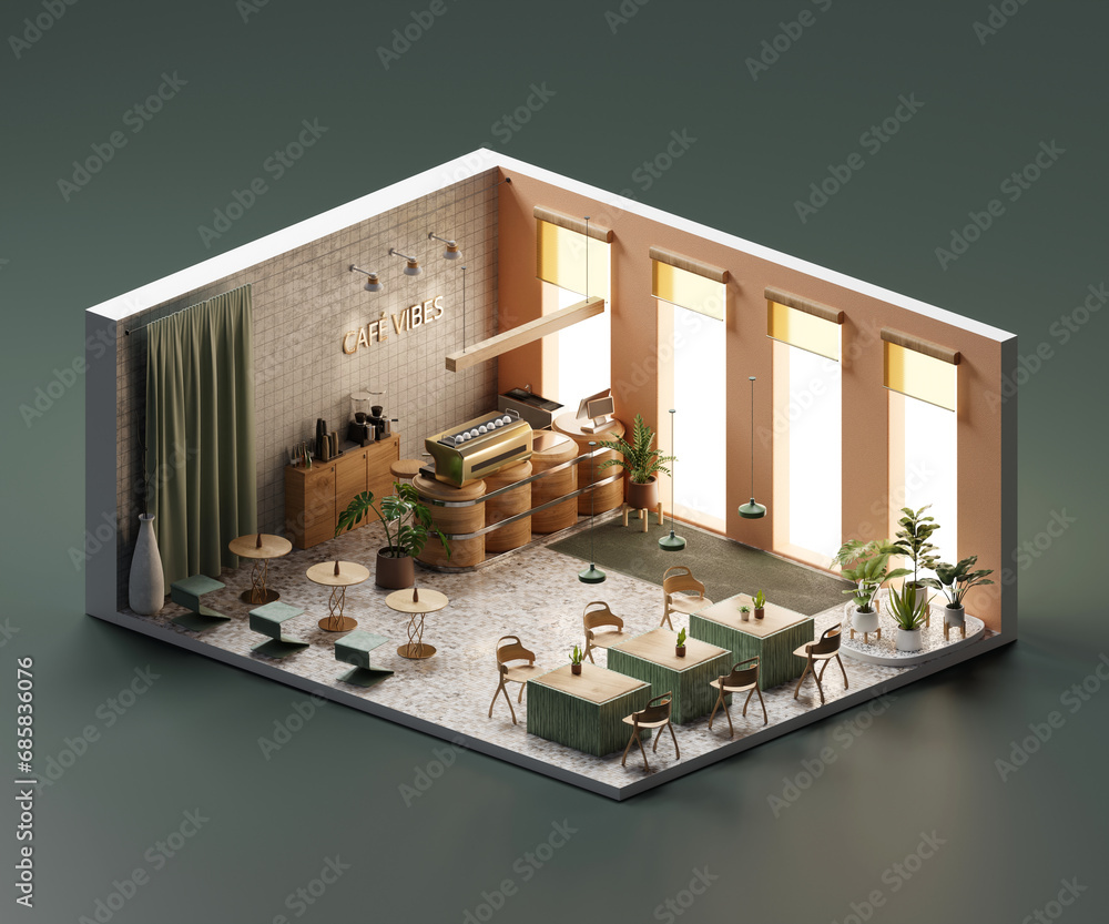 Poster isometric view minimal cafe store open inside interior architecture, 3d rendering digital art.