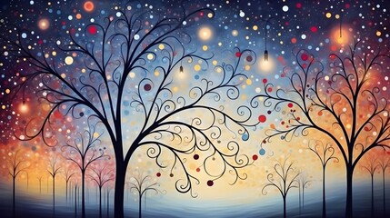 Enchanted Forest with Mystical Night Sky and Lights