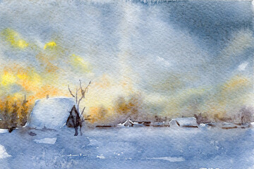 Fototapeta premium Hand Drawn Watercolor Winter Village Snow Landscape