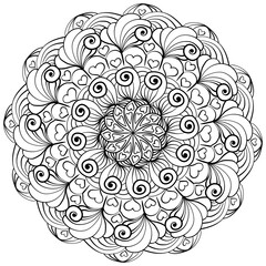 Lineart mandala with swirls, spirals and hearts, zen coloring page for creative holiday design