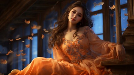 Obraz na płótnie Canvas an oriental asian girl posing in a flowing dress, in the style of photo-realistic techniques, tabletop photography, he jiaying, light brown and orange, romantic charm, cabincore,