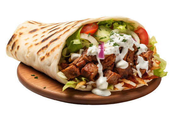 gyros fast food in flatbread, lettuce, tomatoes, onions, rolled isolated on transparent background, PNG file, professional studio photo