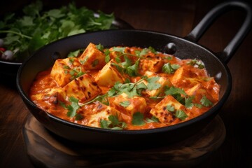 Paneer Tikka Masala in in a black frying pan on a wooden board on dark background. Indian dish