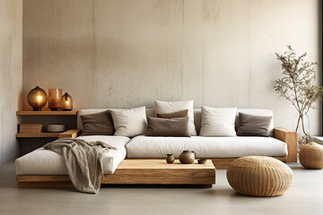 Stylish living room interior with comfortable sofa and coffee table.