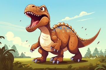 Illustration of cartoon green pixel dinosaur in a forest