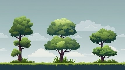 City pixel landscape background with green trees and grass