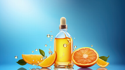 Advertising poster with a glass bottle of orange essential oil with fruit slices and liquid drops, banner design on a blue background.