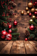  Empty wooden table with christmas theme in background 
