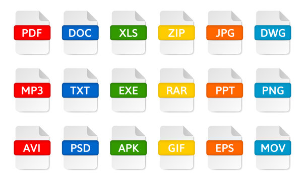 File type icons. Pdf, doc and xls document formats. Zip and jpg file extensions. Mp3, txt, exe, rar and gif files. Avi, mov, apk, eps and png file icons. Dwg drawing, ppt presentation