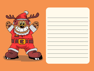 A bear in a Santa hat and with deer antlers Postcard. Printing and decoration. Shopping list. To-do list. Holiday gift.