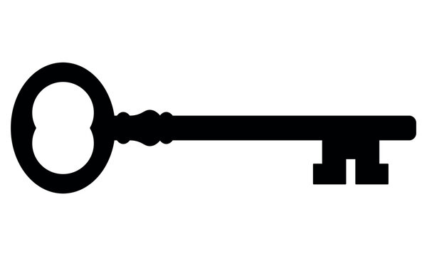 key silhouette, black and white vector illustration of old vintage antique key