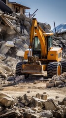 Fototapeta premium Construction equipment removes rubble of stone and concrete on city streets after a devastating earthquake