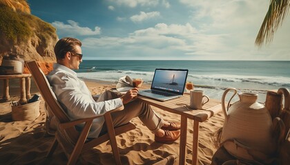 Work-Life Balance, A businessman working remotely from a beautiful beach, ai art