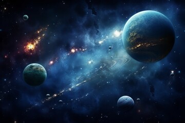 Extraterrestrial galaxies and universes, bright luminous space objects with planets and stars in space