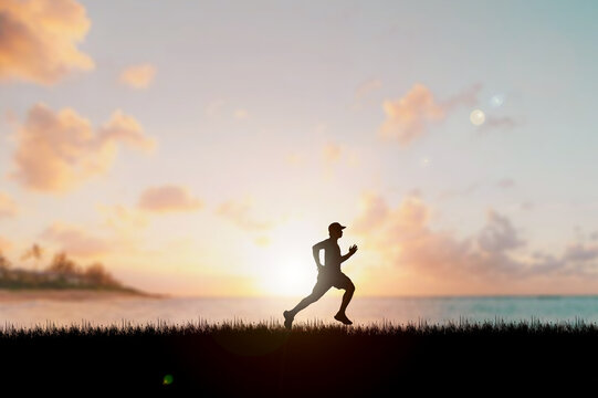 Running man silhouette in sunset time. silhouette for a runner training in the evening. Sunsets