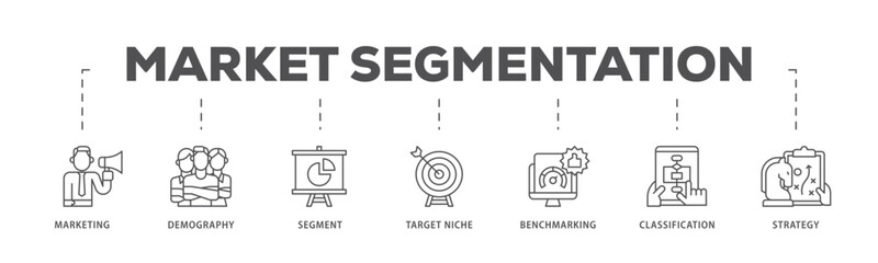 Market segmentation infographic icon flow process which consists of marketing, demography, segment, target niche, benchmarking, classification, strategy icon live stroke and easy to edit 