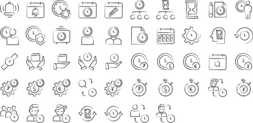 Time management hand drawn icons set, including icons such as Bell, Calendar, Cog, Date, Edit, Plan, Page, and more. pencil sketch vector icon collection