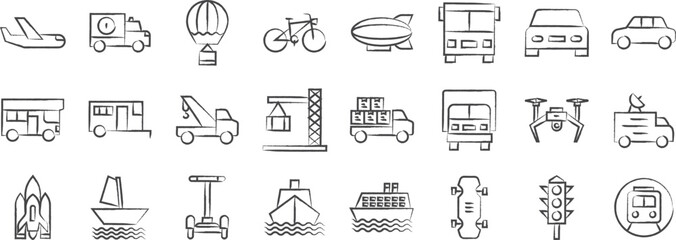 Vehicles hand drawn icons set, including icons such as Ambulance, Balloon, Bicycle, Blimp, Bus, and more. pencil sketch vector icon collection