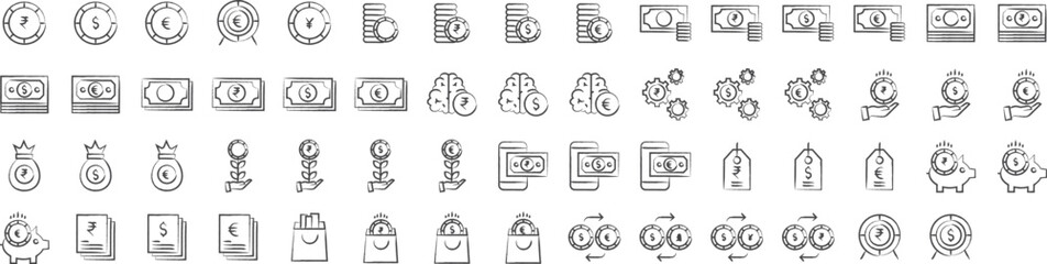 Money investment hand drawn icons set, including icons such as Coins, Dollar, exchange, Funding, Mobile,, and more. pencil sketch vector icon collection