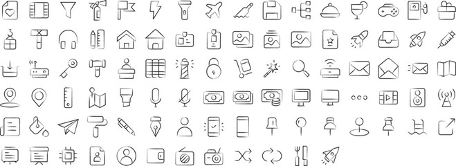 Basic UI and Web hand drawn icons set, including icons such as Avatar, Cash, Diagram, Distance, Home,, and more. pencil sketch vector icon collection