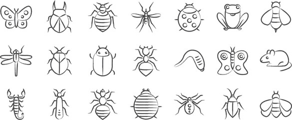 Insects hand drawn icons set, including icons such as Ant, Bed bugs, Bees, Cockroach, Dragonfly, and more. pencil sketch vector icon collection