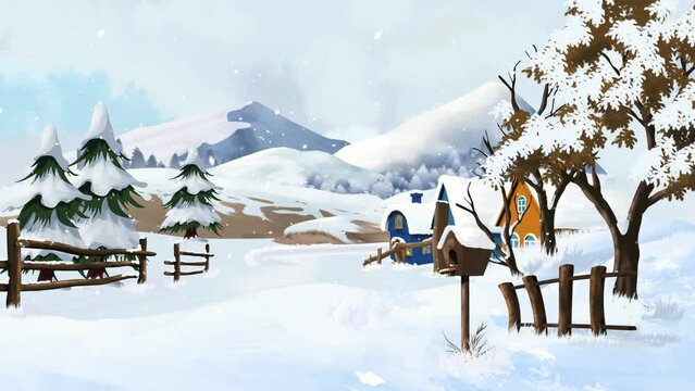 Winter scane background footage, decorated with snow fall