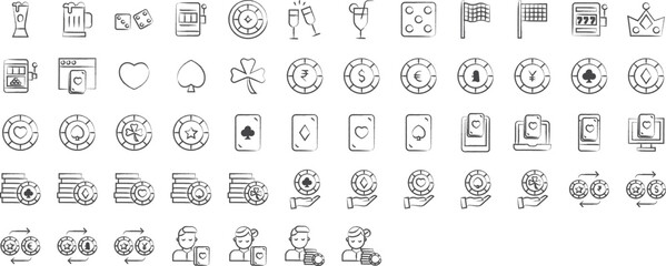 Casino and gambling hand drawn icons set, including icons such as Casino, gambling, game, risk, card game, online rummy, and more. pencil sketch vector icon collection