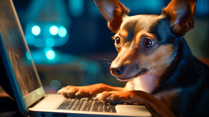 The dog stares at the laptop screen. - obrazy, fototapety, plakaty