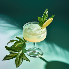 Southside cocktail with lemon and mint on green background