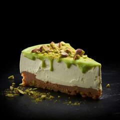 Piece of pistachio cheesecake on dark background