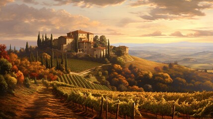 A beautiful painting of an old Italian villa on top of the hill overlooking vineyards and trees in...